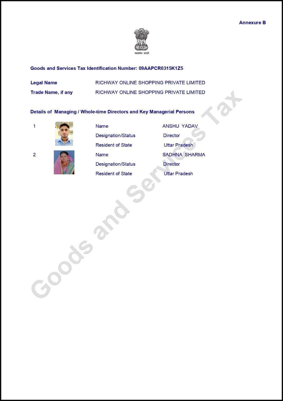 GST Annexure B - Directors Details
