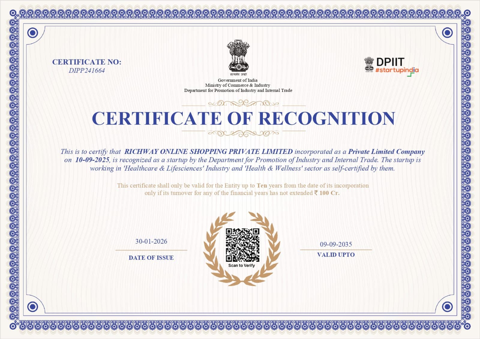 Startup India DPIIT Recognition Certificate