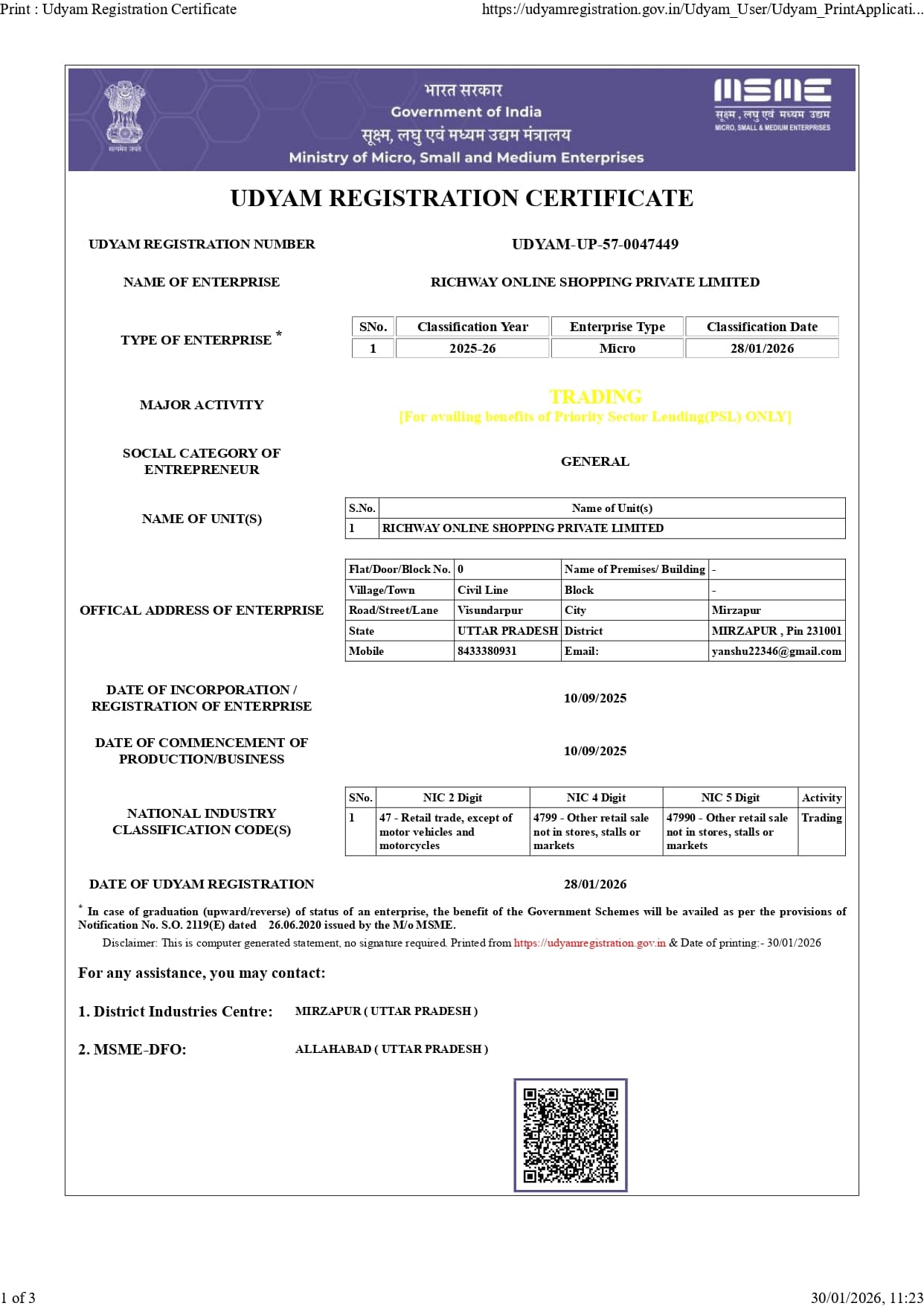 Udyam MSME Registration Certificate